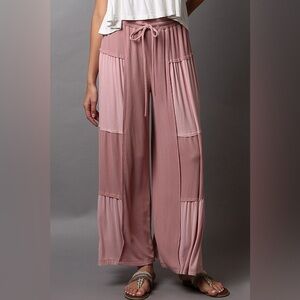 154B. Ribbed Contrast Fabric Wide Leg Pants - Pink